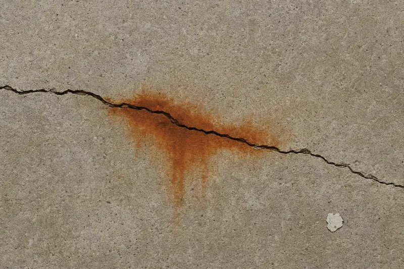 A hairline crack running across a grey concrete surface with a rust-coloured stain bleeding out along it — concrete cancer signs and causes, Melbourne. Illustrative example.